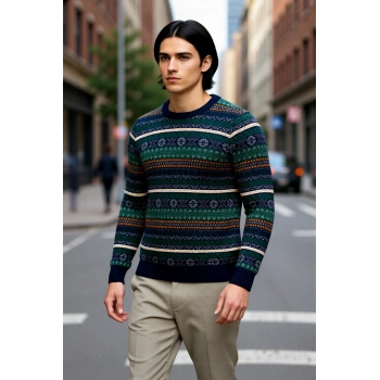 Erkeklerin Kışlık Gardırobuna Özel Fitted Kalıp Etnik Desenli Bisiklet Yaka Kalın Triko Kazak.