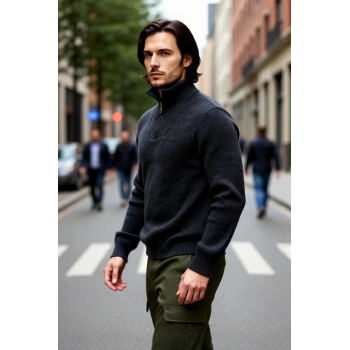 Erkeklerin Soğuk Havalarda Tercihi Regular Kalın Fermuarlı Dik Yaka Selanik Triko Kazak Modeli