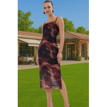 Esnek Bodycon Midi Elbise Kare Yaka Tül Kumaş Yazlık Kaliteli İşçilik Yüksek Kalite Premium Kalite