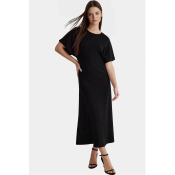 Esnek Örme Midi Elbise Bodycon Kalıp Melek Kol Viskoz Polyester Karışımı Şık Görünüm