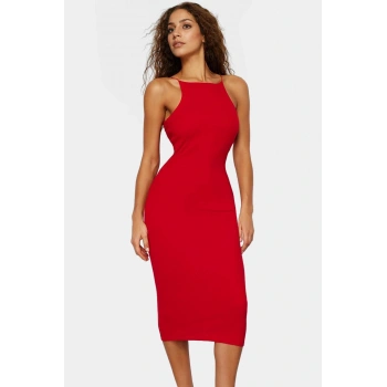 Esnek Pamuklu Midi Elbise Halter Yaka Bodycon Yazlık Özel Tasarım Profesyonel Görünüm