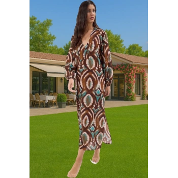 Etnik Desenli Maxi Pamuklu Balon Kollu Plaj Elbisesi Yazlık Rahat Özel Tasarım Rahat Kullanım