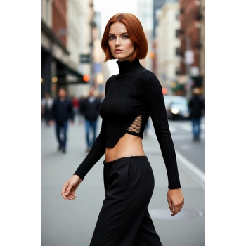 Fashion Forward Kadın Fitted Dik Yaka Uzun Kollu İnce Triko Süper Crop Asimetrik Bluz Kışlık