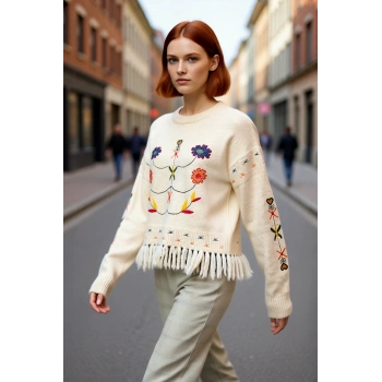 Fashion Forward Kadın Nakışlı Düşük Kollu Bisiklet Yaka Super Crop Kışlık Triko Kazak Püsküllü