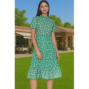 Feminen A Kesim Çiçekli Midi Elbise Polyester Dokuma Kısa Balon Kol Rahat Kullanım Rahat Ve Şık