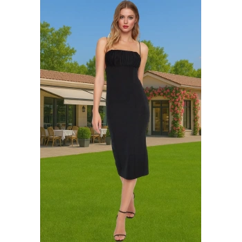 Feminen Bodycon Midi Abiye Elbise Polyester Elastan Kumaş Yazlık Seçkin Malzeme Premium Kalite