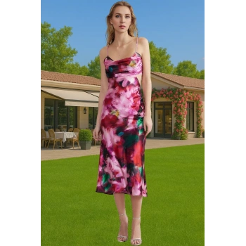 Feminen Çiçek Desenli Saten Midi Elbise Yazlık Özel Günler İçin Kaliteli İşçilik Rahat Kullanım