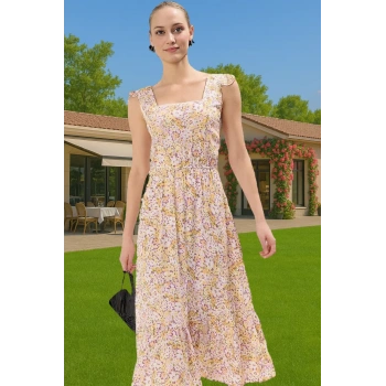 Feminen Çiçekli Desenli Viskoz Midi Elbise Kolsuz Kare Yaka Trend Tasarım Rahat Ve Şık Yüksek Kalite