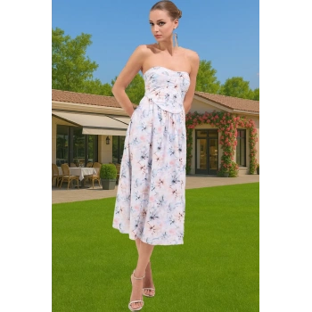 Feminen Çiçekli Poplin Dokuma Midi Astarlı Abiye Elbise Özel Tasarım Dayanıklı Malzeme Modern Stil