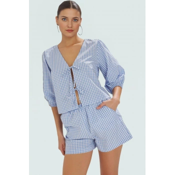 Feminen Ekose Plaj Takımı Kısa Bluz Şort Pamuk Polyester Karışım Mükemmel Uyum Uzun Ömürlü