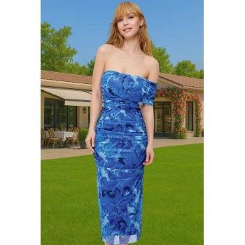 Feminen Midi Boy Örme Tül Abiye Elbise Tek Omuzlu Çiçek Desenli Seçkin Malzeme Dayanıklı Malzeme