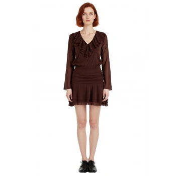 Feminen Skater Kalıp Uzun Kollu V Yaka Volanlı Fırfırlı Ekstra Mini Kadın Elbise Casual Şıklığın