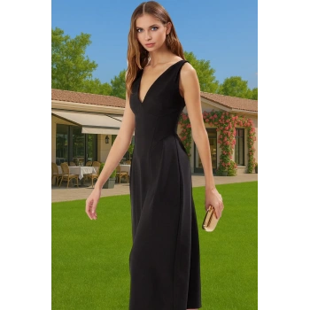 Feminen V Yaka Midi Abiye Elbise Cep Detaylı Dokuma Kumaş Dayanıklı Malzeme Dayanıklı Malzeme