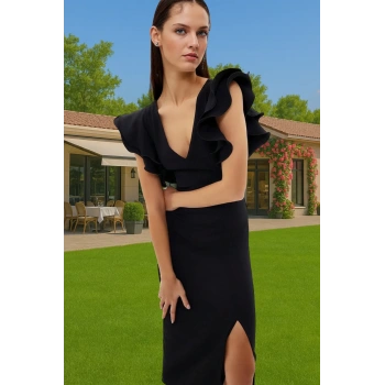 Feminen V Yaka Midi Boy Astarlı Abiye Elbise Rahat Ve Şık Özenle Seçilmiş Uzun Ömürlü Trend Tasarım