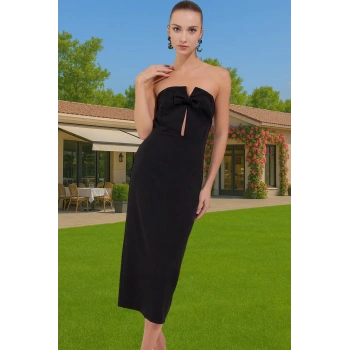 Feminen Vücut Şekillendirici Fiyonklu Straplez Abiye Elbise Şık Görünüm Konforlu Kesim