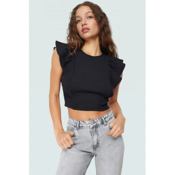 Fitted Crop Bluz Örme Kumaş Büzgülü Kollarla Rahat Şıklık Profesyonel Görünüm Seçkin Malzeme