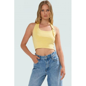 Fitted Kalıp Viskoz Ribana Crop Bluz Boyundan Bağlamalı Yaka Günlük Stil