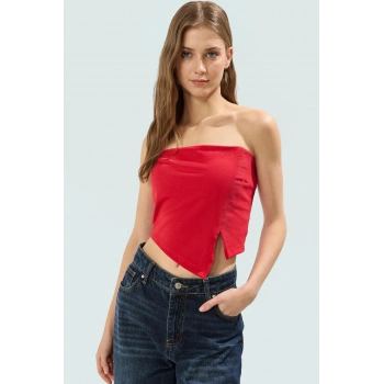 Fitted Straplez Crop Bluz Yan Fermuar Asimetrik Kesim Polyester Kumaş Profesyonel Görünüm