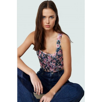 Fitted Tül Bluz Kare Yaka Kolsuz Çiçek Desenli Yazlık Konforlu Kesim Kaliteli İşçilik