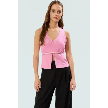 Fitted V Yaka Krep Bluz Kemerli Günlük Stil Şık Görünüm Konforlu Kesim Profesyonel