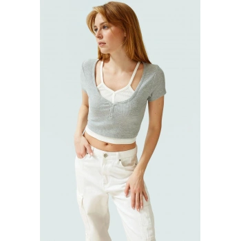 Fitted Vücudu Saran Kısa Bluz Kaşkorse Örme Polyester Yazlık Seçkin Malzeme Yüksek Kalite