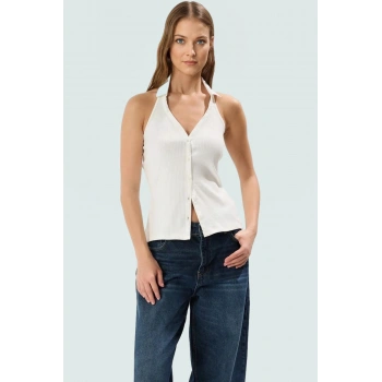 Fitted Vücut Örme Bluz Renk Polo Yaka Fermuarlı Pamuklu Yazlık Konforlu Kesim