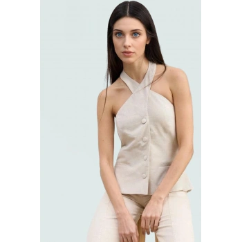 Fitted Yelek Keten Karışımlı Halter Yaka Yazlık Bluz İş Giyim Zarifane Tasarım Özel