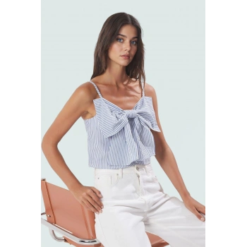 Fiyonklu Çizgili Dokuma Bluz Kolsuz Kare Yaka Yazlık Rahat Kullanım Konforlu Kesim