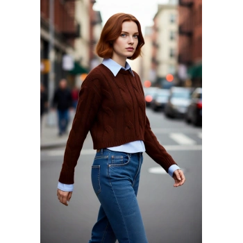 Genç Kadın Casual Tarz Triko Kazak Regular Kalıp Saç Örgü Desenli Kışlık Düşük Kol Detaylı