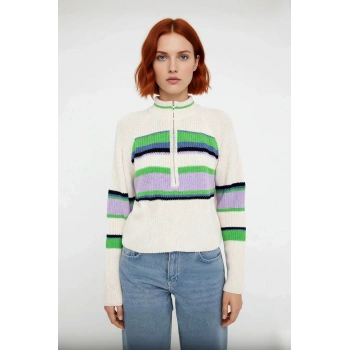 Genç Kadın Dik Yaka Fermuar Detaylı Crop Kesim Renk Bloklu Uzun Kollu Kışlık Triko Kazak Kaliteli