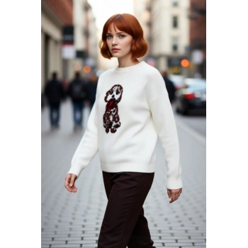 Genç Kadın Rahat Kesim İntersia Dokuma Köpek Nakışlı Bisiklet Yaka Triko Kazak Trend Stil Kaliteli