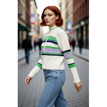 Genç Kadın Reglan Kol Regular Kalıp Renk Bloklu Fermuarlı Crop Kesim Kışlık Triko Kazak Kaliteli