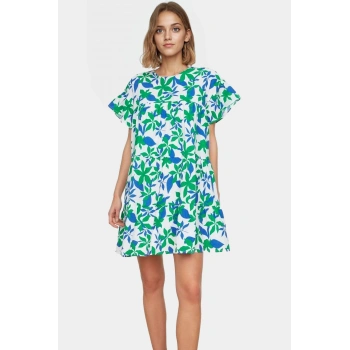 Geniş Kesim Mini Elbise Pamuklu Poplin Çiçek Desenli Yazlık Rahat Kullanım Modern Stil