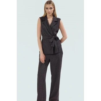 Geniş Paça Kolsuz Yelekli Pantolon Takım Örme Kumaş Günlük Stil Premium Kalite