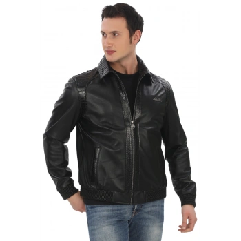 Hakiki Kuzu Derisi Bomber Mont Yılan Derisi Detaylı Fermuarlı Deri Ceket Şık ve Rahat Günlük Derimont