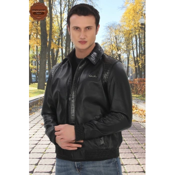 Hakiki Kuzu Derisi Bomber Mont Yılan Derisi Detaylı Fermuarlı Deri Ceket Şık Günlük Derimont