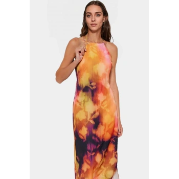 Halter Yaka Kolsuz Midi Elbise Soyut Desenli Dokuma Polyester Yazlık Şık Görünüm Uzun Ömürlü