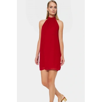 Halter Yaka Mini Elbise Şifon Dokuma Rahat ve Şık Yazlık Profesyonel Görünüm