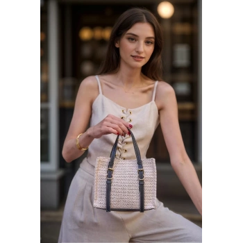 Hasır Mini El ve Omuz Çantası Doğal Dokulu Eco Deri Detaylı Günlük Kullanım Özel Tasarım