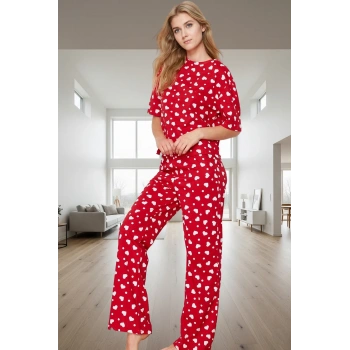 İlkbahar Sonbahar Homewear %100 Pamuklu Kısa Kollu Kalpli Pijama Takımı Zarifane Tasarım