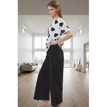 İlkbahar Sonbahar İçin %100 Pamuk Homewear Pijama Takımı; Kalpli Desen V Yaka Regular Kalıp