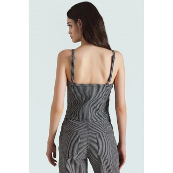 İnce Askılı Çizgili Denim Bluz Stretch Kumaş Crop Kesim Rahat Ve Şık Seçkin Malzeme