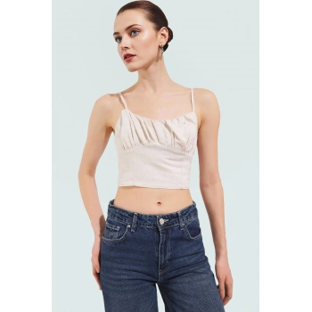 İnce Askılı Crop Bluz Keten Kumaş Görünümü Büzgülü Detay Yazlık Kombinler İçin