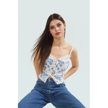 İnce Askılı Fitted Crop Bluz Çiçek Desenli Dokuma Kumaş Günlük Tarz Rahat Ve Şık