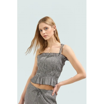 İnce Askılı Gipeli Crop Bluz Polyester Elastan Jakar Örme Yazlık Yüksek Kalite