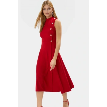 İş Kadını Midi Elbise Kolsuz Dokuma Kumaş Belden Şık Görünüm Konforlu Kesim