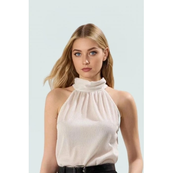 İş ve Günlük Kullanım İçin Polyester Örme Pilise Bluz Halter Yaka Profesyonel Görünüm