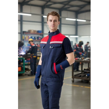 İş Yeleği Gabardin Kumas Yazlık GriKırmızı Reflektörlü Royal Hafif Nefes Alabilir Çok Cepli