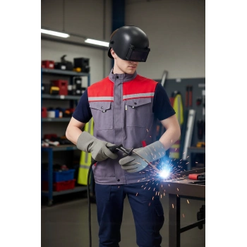 İş Yeleği Gabardin Kumas Yazlık GriKırmızı Reflektörlü Royal Hafif Nefes Alabilir Çok Cepli