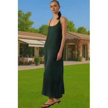 Kadın %100 Keten Maxi Elbise V Yaka Sırt Detaylı Yazlık Şık Görünüm Uzun Ömürlü Şık Görünüm